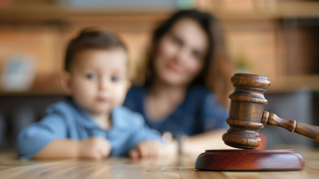 Child and mother at table with gavel of judge